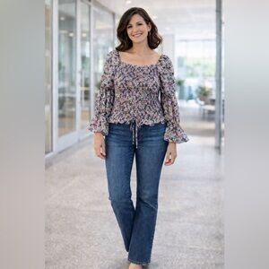 Rebellion Top Women’s L Purple Floral Smocked  Coquette Boho Cottagecore Prairie